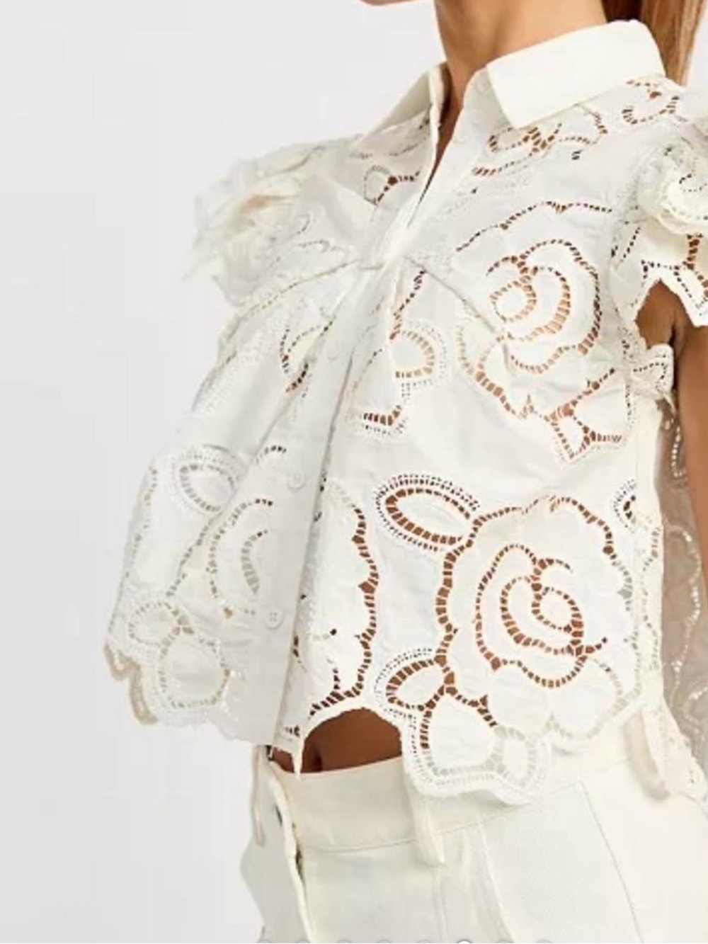 En Saison White Floral Eyelet Lace Collared Blouse
